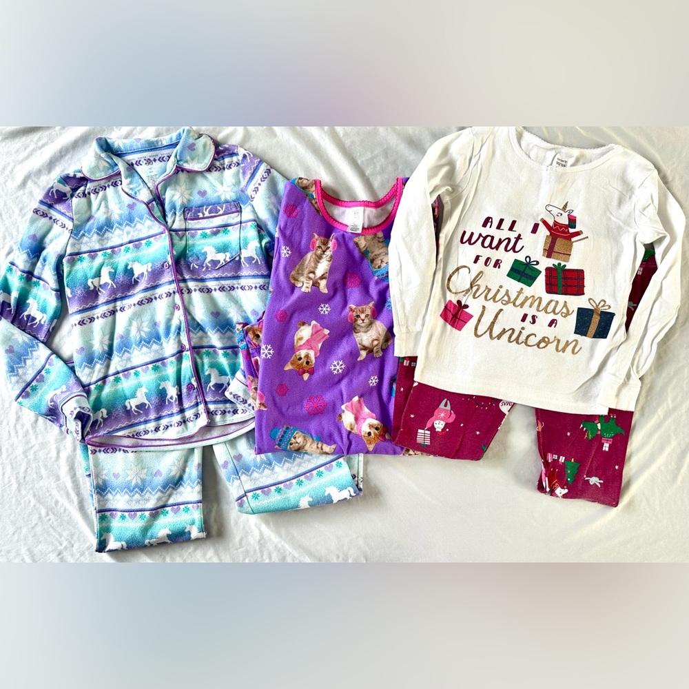 Girls Pajama Lot Size 10/12 SO Komar Kids Carter’s Unicorn Cats Fleece Christmas